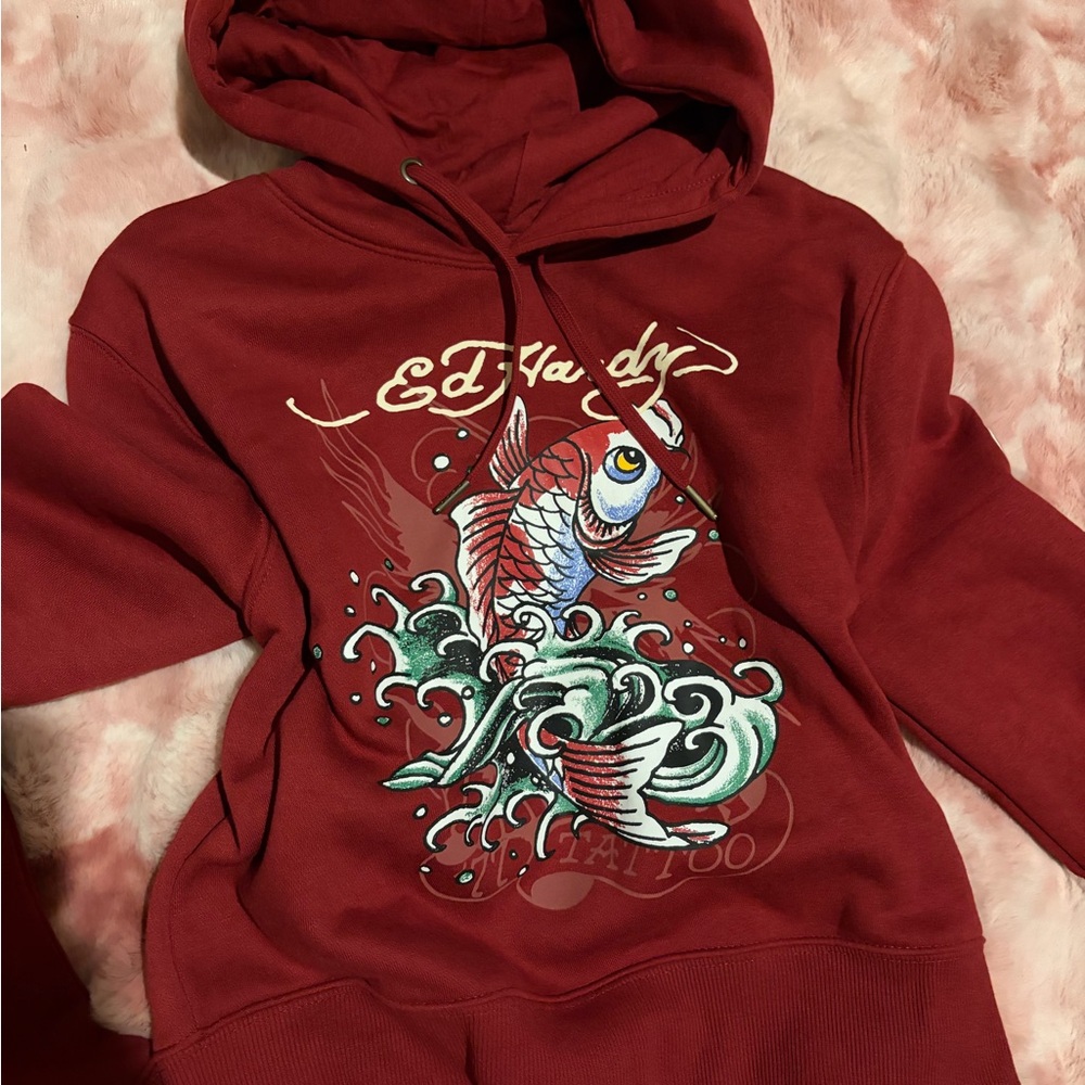 Ed Hardy Maroon Fish Graphic Hoodie